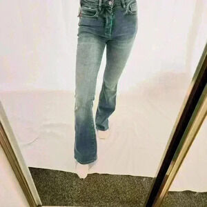 Anthropologie High Waist Flare Jeans Straight Leg size 25 Medium Dark Wash